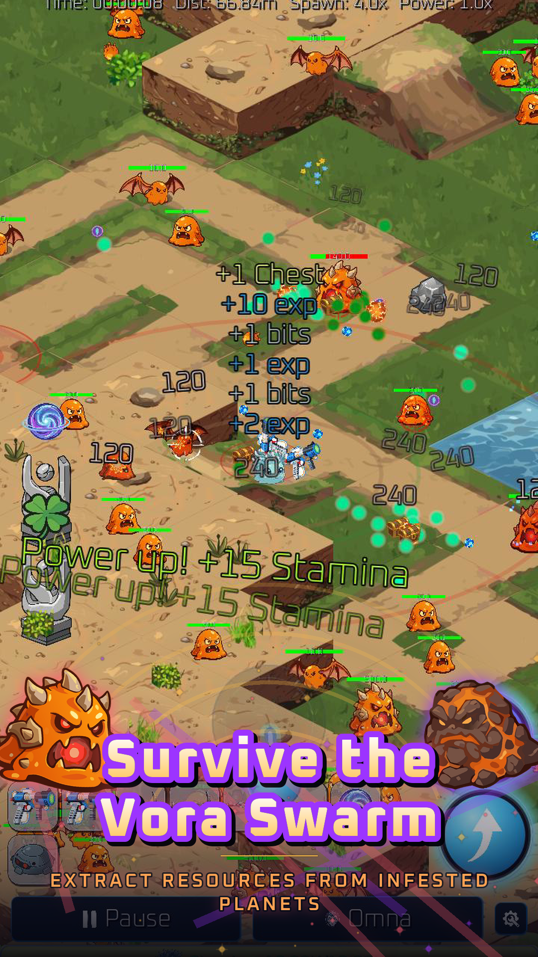 Pets fighting a swarm of Vora on a planet